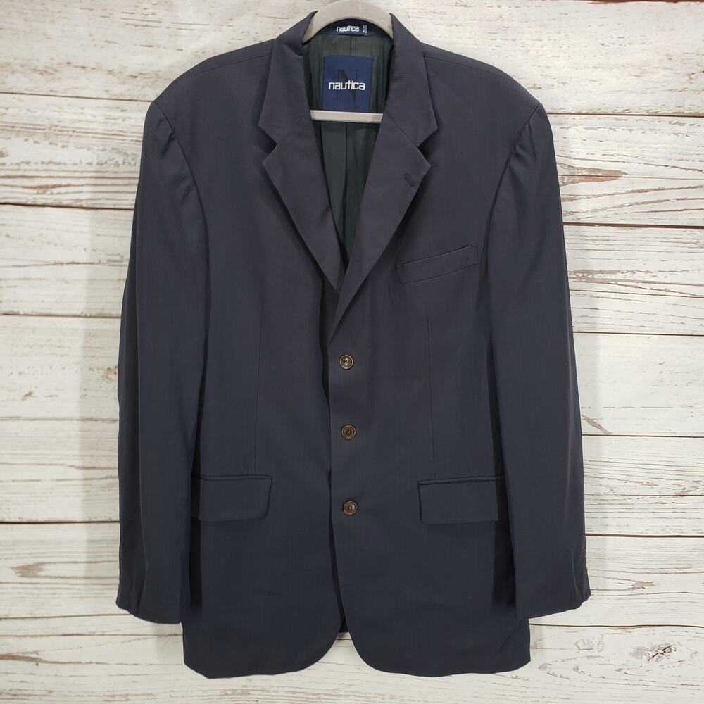 Nautica Men's Blue Wool 3 Button Mini Herringbone Sports Blazer Size 44L